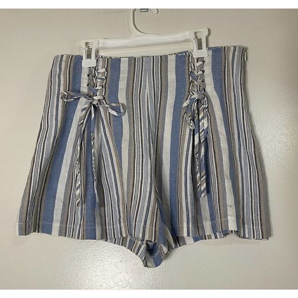 AQUA stripe blue cotton high waist tie front shorts size Medium - Picture 1 of 5
